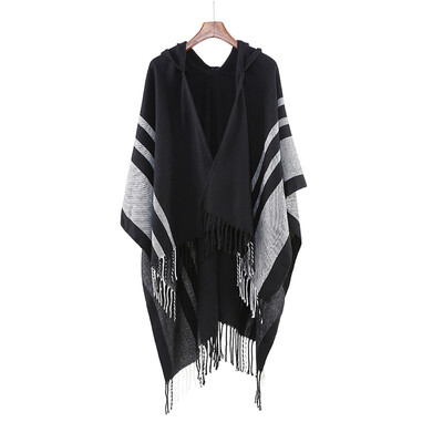 

New Korean version of black striped hooded cloak winter womens fashion warmth imitation cashmere split shawl super mostly used