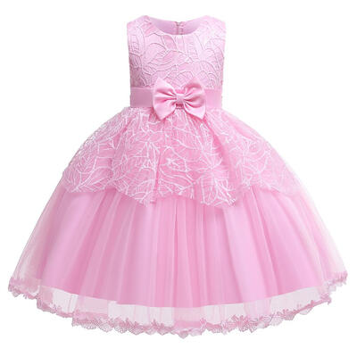 

Print Dress Sleeveless O-neck Children Mesh Bowknot Princess A-line Dresses