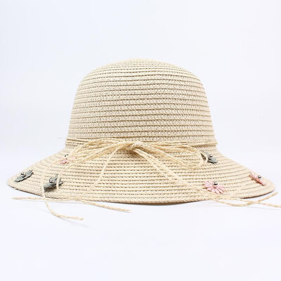 

Women Straw Hat Flower Beading Bow Foldable Sweet Elegant Sun Summer Holiday Beach Vacation Cap