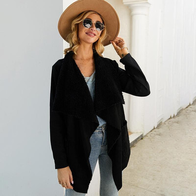

Fashion Women Winter Solid Color Jacket Turn-Down Collar Long Sleeve Pocket Fluffy Lining Thick Warm Coat Outerwear