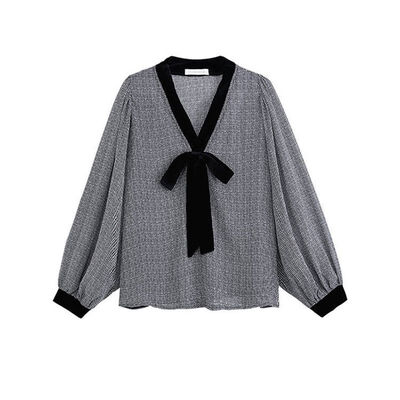 

Women Sweet Black And White Plaid Long Sleeve Bow V Collar Single Buckle Chiffon Loose Thin Blouse