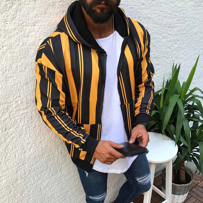

Men Long Sleeve Hoodie Coats Pocket Zipper Oversize Stripe Patchwork Jacket Tops