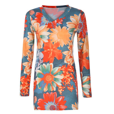 

Womens Casual Floral Print V-neck Long Sleeve Hem Split Leisure Bohemian Tops