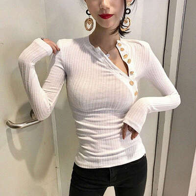 

Sexy Slim Women T-shirt Autumn Top Button V Neck Basic T Shirt