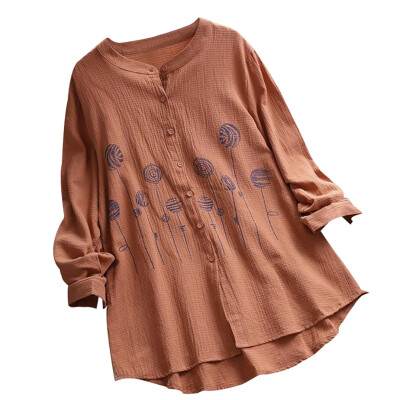 

Womens Embroidery Floral Print Cotton & Linen Long Sleeve Casual Blouse