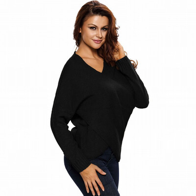 

Grey V-neck long sleeve loose simple casual wool knit straight sweater