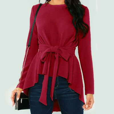 

Tailored Fashion Women Casual Long Sleeve Solid Stitching O Neck Loose Frenulum Blouse