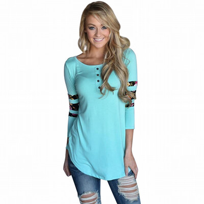 

Grey round neck long sleeve floral print stitching sleeves casual top