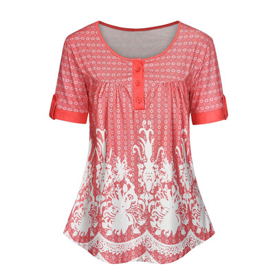 

Womens Round Neck Short Sleeve Tops Buttons Printed T Shirt Summer Retro Blouse