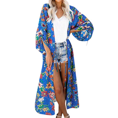 

Toponeto Womens Floral Long Sleeve Chiffon Boho Kimono Long Cardigan Jacket Coat Blouse