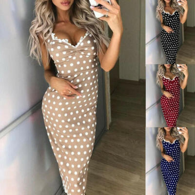 

US Women Summer Sleeveless V-neck Polka Dots Long Maxi Bodycon Dress Party Club
