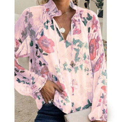 

Tailored Women Casual V-Neck Long Flare Sleeve Printed Chiffon Loose Pullover Top Blouse