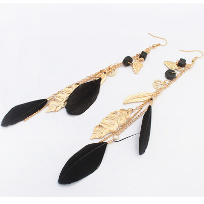 

Europe&The United States Jewelry National Earrings Female Leaves Tassel Earrings Feather Tassels Long Earrings