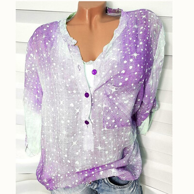 

Starmoon Womens Fashion Print Pocket Color Matching V-Neck Button T-Shirt