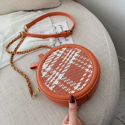 

Summer contrast bag ins personality woven womens bag new 2019 fashion fresh shoulder slung small round bag