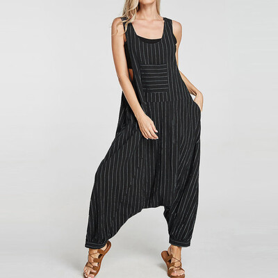 

Starmoon Women Casual Loose Stripe Print Sleeveless Drop Crotch Overall Pocket Jumpsuit