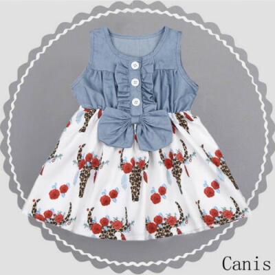 

Kids Girl Floral Denim Dress Bow Ruffle Sundress Summer Sleeveless Clothing 1-6Y