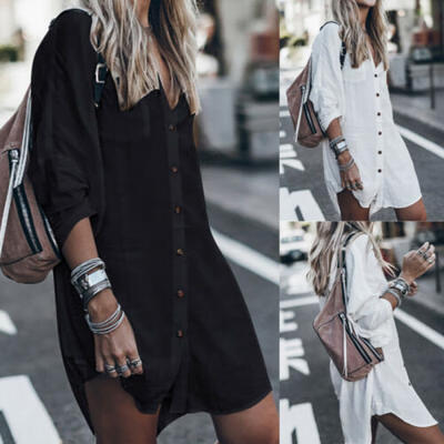 

Women Long Sleeve Cotton Button Down Blouse Shirt Casual Loose Solid Mini Dress