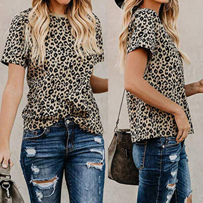 

Gobestart Womens Casual Cute Shirts Leopard Print Tops Basic Short Sleeve Soft Blouse