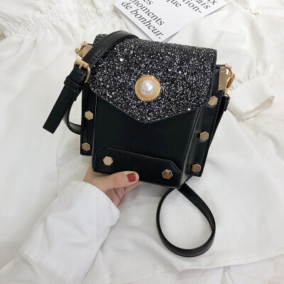 

New small bag handbags new 2019 Korean version of sequins shoulder small square bag net red black bag texture Messenger bag