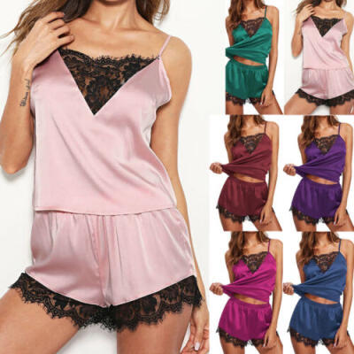 

Womens Pyjamas Set Nightwear Ladies Top Shorts Pjs Satin Silk Lace Sleepwear