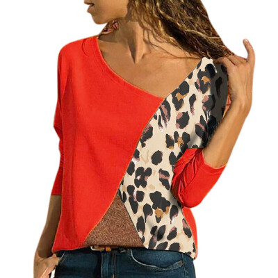 

Womens Fashion Casual Blouse Long Sleeve Leopard Contrast Color T-shirt Tops