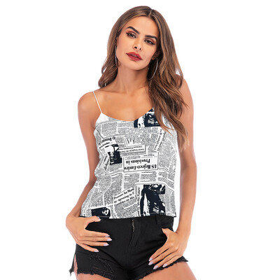 

Newspaper Print Women Tank Top Sleeveless Spaghetti Strap Shirt