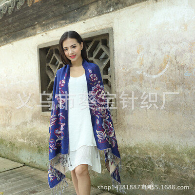 

New Peony Jacquard National Wind Scarf Ms Large Shawl Dual-use Thicken Bohemian Scarf Winter Warm