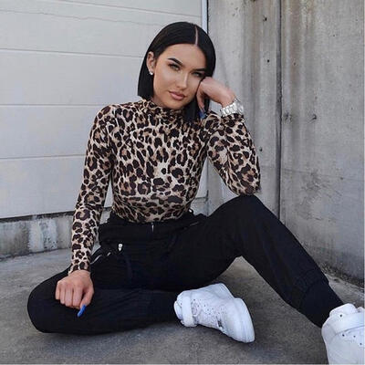 

Women&39s Leopard print Bodycon Bodysuit High Neck Coral Velvet Bandage Jumpsuit Romper Leotard Tops