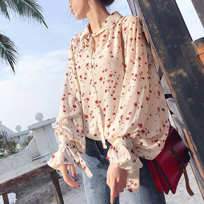 

Women Spring Vintage Floral Print Chiffon Shirt Loose Cotton Ruffles Long Sleeve Lapel Blouse