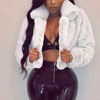 

Roseonmyhand Fashion Women Coat Fluffy Fleece Turn-down Collar Faux Fur Top Short Loose Coat