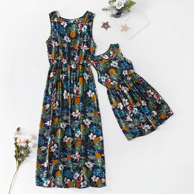 

Mommy＆Me Child O-Neck Sleeveless Ruffles Floral Printing Family Clothes Dress