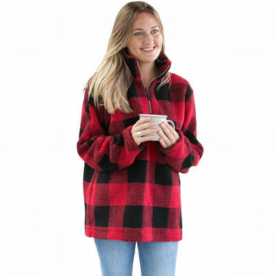 

Plaid womens sweatshirt Zipper Long Sleeve Loose Warm Turtleneck Top