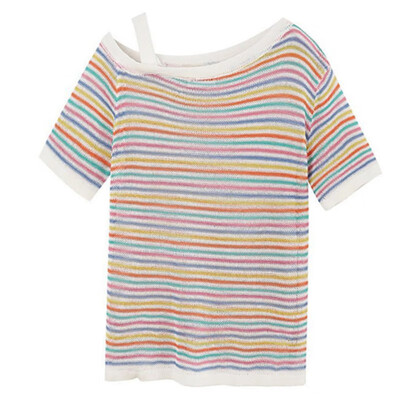 

Womens Casual Striped Off Shoulder Slim Short Sleeve Knitted T-Shirt