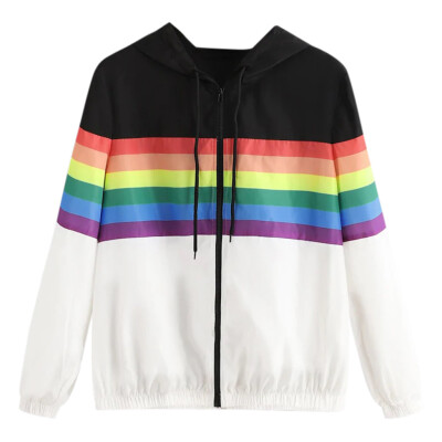 

Toponeto Women Long Sleeve Patchwork Hooded Zipper Loose Casual Sport Coat Blouse