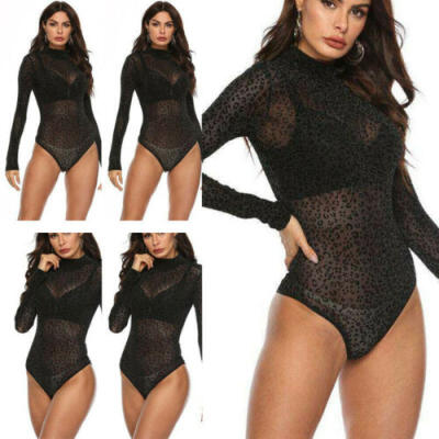 

Women Long Sleeve Leopard Print See Through Bodysuit Top Blouse T-shirt Jumpsuit