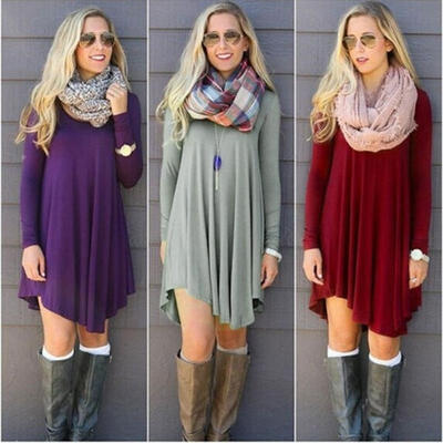 

Women Long Sleeve Casual Loose T-Shirt Long Blouse Tops Mini Short Dress Autumn