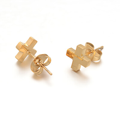 

304 Stainless Steel Stud Earrings Cross Golden 8x8x2mm Pin 08mm