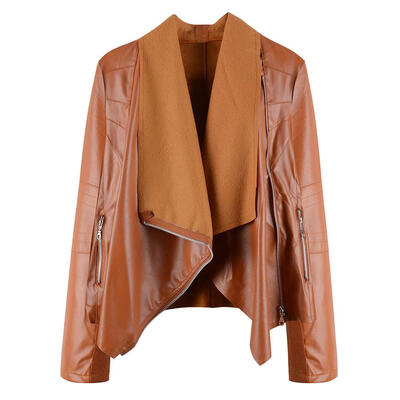 

Women Slant Zipper Faux Leather Street Motorcycle Jacket Polo Collar Tops