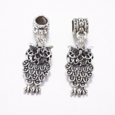 

Tibetan Style Alloy European Dangle Beads Large Hole Pendants with Rhinestone Owl Jet Antique Silver 35mm Hole 5mm