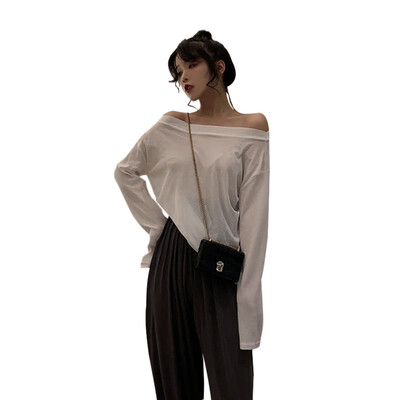 

Slash Neck Casual Loose Long Sleeve Solid Off Shoulder Pullover Tops