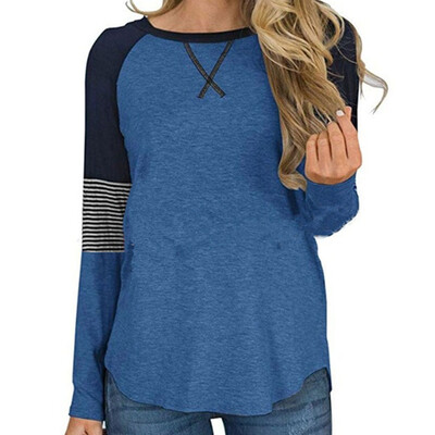 

Autumn Fashion Women Splice Stripe O-neck Long sleeves Loose T-shirt