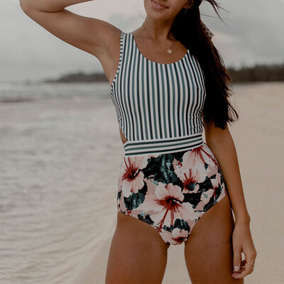 

Roseonmyhand Women Plus Size Stripe Leaf Zipper Bandage Bikini Jumpsuit Swimsuit Beachwear
