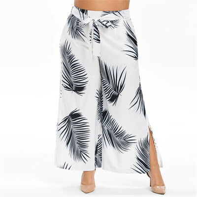 

Gobestart Fashion Women Plus Size Pocket Print Lacing Casual Loose Wide Leg Leggings Pants
