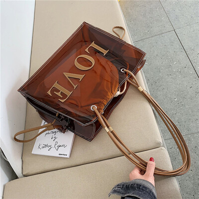

Fashion Women Transparent PVC Shoulder Bags Jelly Candy Color Large Capacity Handbag Tote Brown