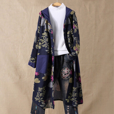 

Tailored Fashion Women Splice Print Long Sleeve Cotton And Linen Cardigan Windbreaker Top