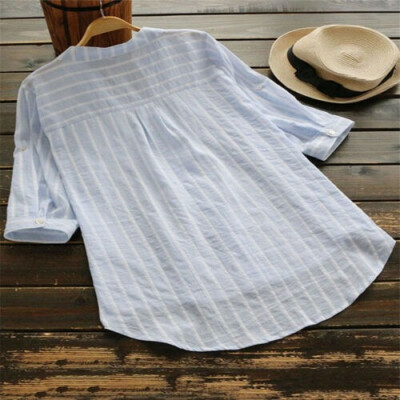 

Womens Summer Striped V Neck Blouses Loose Baggy Tops Tunic T Shirts Plus Size