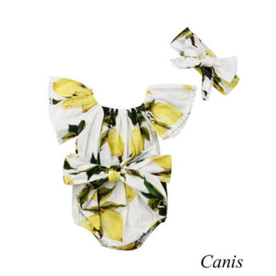 

Infant Baby Girl Lemon Off-Shoulder Romper Bow Bodysuit Sunsuit Outfit 0-18M Set