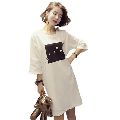 

Letter Print Contrast Color T-shirt Dress Women O-neck Short Sleeve Dresses
