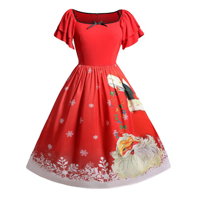 

Gobestart Women Christmas Plus Size Bow Santa Claus Print Vintage Dress